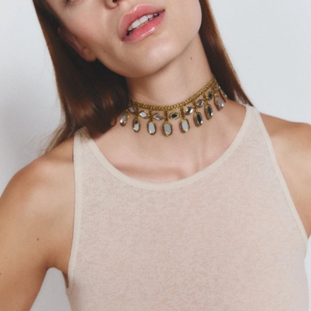 New Handmade Mirror Embroidered Choker Gold